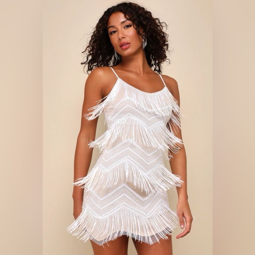 Lulus white sequin fringe mini dress